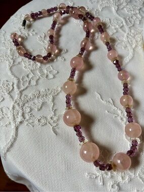 Pink and Purple Beaded Necklace -Vintage Art Deco Glass